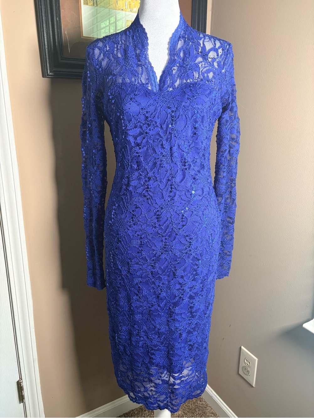 MARINA Royal Blue Lace Long Sleeve Midi Dress